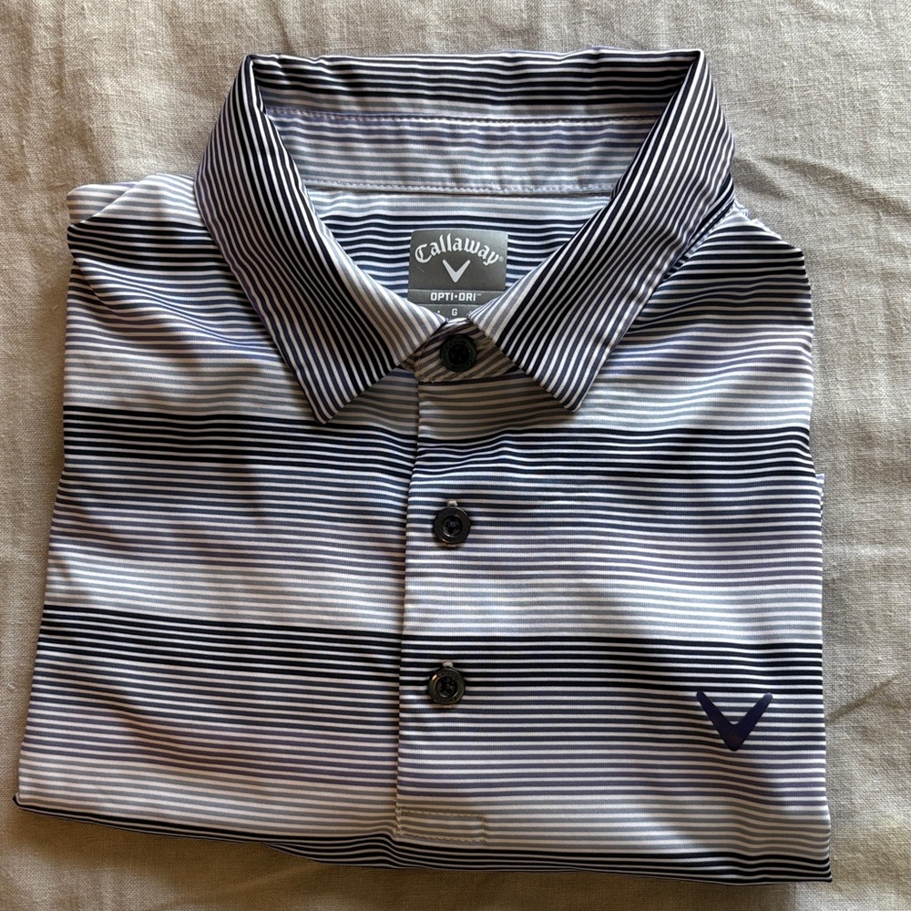 Callaway Men's Opti-Dri Navy, White, Gray, Purple Striped Golf Polo Emblem
